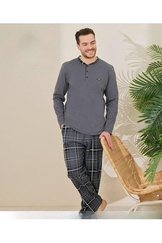 Pijamoni Erkek Pamuklu Düğme Yaka Uzun Kol İnce Pijama Takımı 100/3 - 1 Adet Füme