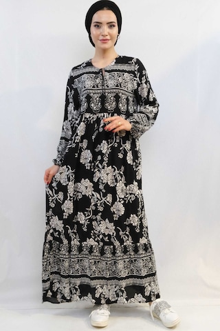 Modi Moda Çizgi Vintage Desen Elbise Siyah