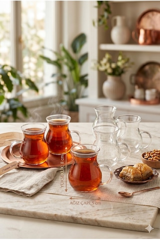 6'lı Isıya Dayanıklı Kulplu Cam Çay Bardağı Takımı 160 Ml Bohem Minimalist Modern Tasarım Şık Sunum Şeffaf
