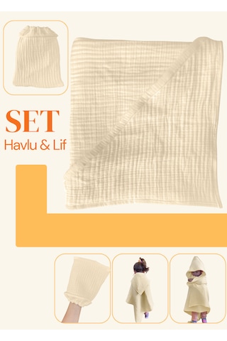 Joyous Mom Kids Organik Muslin Banyo Kese Ve Havlu Seti Bej