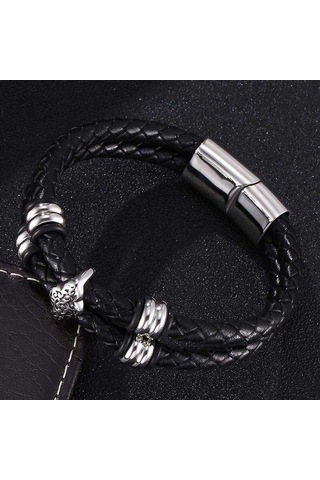 Erkek Bileklik Küçük Süs Eşyası Hakiki Deri Bileklik Çift Kat El Paslanmaz Çelik Tokalar Bileklik Hediye Siyah