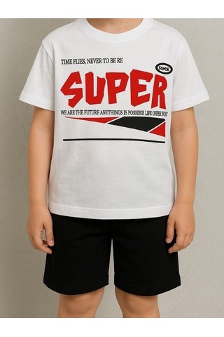 Çocuk Super Yazılı Pamuklu Oversize T-shirt-16016 Beyaz