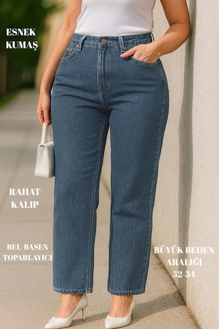 Cedy Denim Cedy Denım - Kadın Büyük Benden Boru Paça Yüksek Bel Regular Fit Likralı Pantolon C626 Mavi