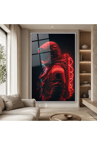 Kırmızı Neon Işıklı Astronot Gümüş Çerçeveli Cam Tablo Kırmızı Neon Işıklı Astronot Gümüş Çerçeveli Cam Tablo
