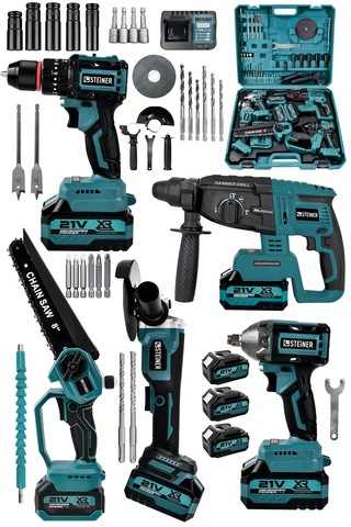 Steiner 21v Darbeli Kömürsüz 5'li Set Kırıcı Delici Hilti - Somun Sıkma Sökme - Testere - Matkap - Vidalama Mavi