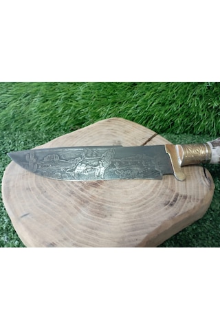 Tctknives Damascus Serisi El Yapımı Av Kamp Bıçağı Boynuz Kabzeli 0000 Kahverengi