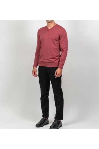Erkek V Yaka Triko Slim Fit Pamuklu Kazak Ncs Jeans 3002-Kırmızı Melanj