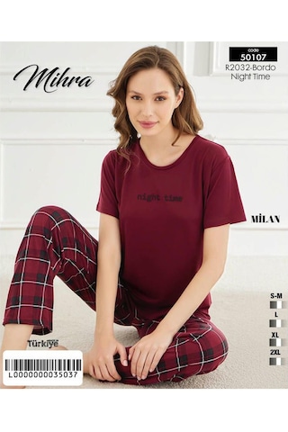 Mihra Kadın Bisiklet Yaka Milan Likralı Kısa Kol Pijama Takımı 50107bb - 1 Adet Bordo