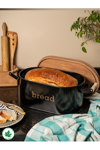 Ahşap Kapaklı Ahşap Kulplu Metal Ekmeklik Bread Baskılı - Siyah Siyah