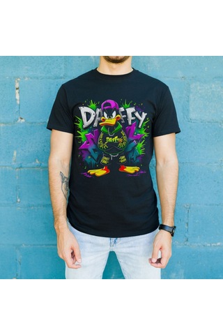 Vinevesta Daffy Duck Graffiti Baskılı Unisex Siyah Tişört - 24/1 Penye Pamuklu Çok Renkli