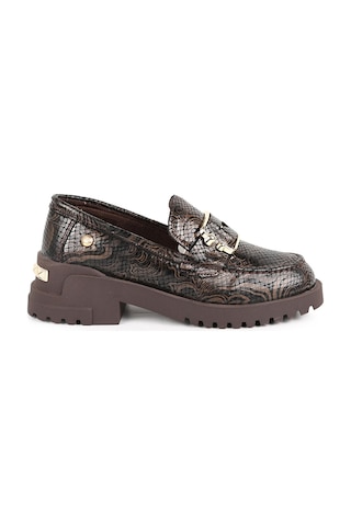 Mamma Mia Mammamia Kadın Loafer 26k-3215 Kahverengi Hakiki Deri Yılan/etnik Desen Baskılı Gold Metal Tokalı Kalın Dişli Taban Rahat Günlük Ayakkabı Kahve