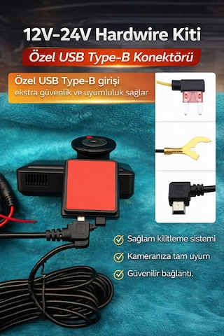 Araç Kamerası Park Modu Kablosu Hardwire Kit Usb Type-b 7/24 Park Kaydı Akü Sigorta Kablosu