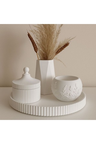 Minimalist Vazo & Kapaklı Kutu & Kabartmalı Tepsili 4 Lü Dekoratif Organizer Set