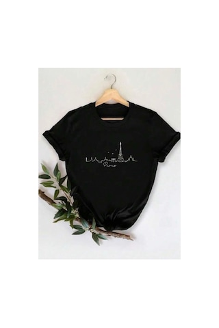 Medinenur Rome Desen Baskılı Basic T-shirt Siyah
