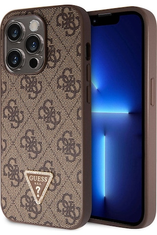 Apple Uyumlu iPhone 14 Pro Max Kılıf Guess Lisanslı Pu Deri Taşlı Üçgen Logo 4g Desen Kapak