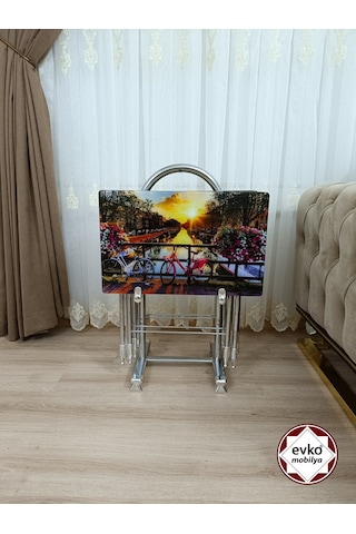 Evko Mobilya Çanta Zigon Sehpa 4'lü Sehpa, Zigon Sehpa, Servis Sehpası, Camlı Sehpa, Katlanır Sehpa