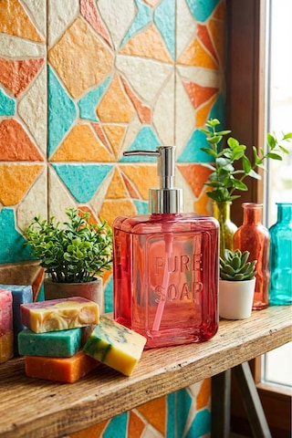 Makri Home Renkli Cam Sıvı Sabunluk, 500 Ml, Pembe Pembe