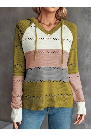 Kadın Uzun Kollu V Yakalı Bağcıklı Kapşonlu Triko Bluz Pembe