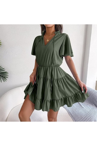 Gmxıa Kadın Modası Düz Renk Baskılı Yaz Bahar Kısa Kollu V Yaka Bol Günlük Elbiseler Koyu Yeşil
