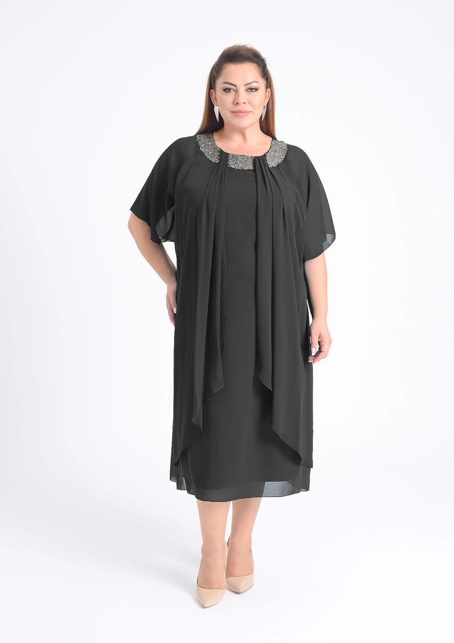 Büyük Beden Siyah Renkli Taş Baskılı Kısa Abiye Elbise Siyah