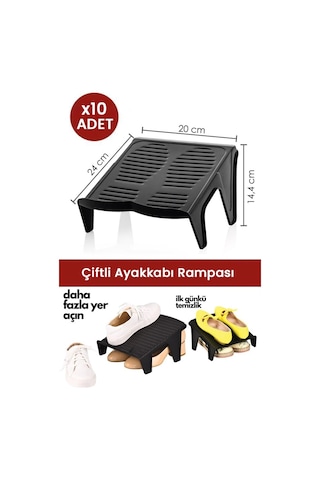 10 Adet Çiftli Ayakkabı Rampası, Dolap İçi Düzenleyici, Çift Başına 2 Kat Yer Tasarrufu Siyah