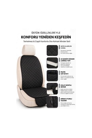 Terletmez Cepli Oto Koltuk Minder Seti Kolay Montaj Universal Koruyucu Kılıf Kumaş Siyah