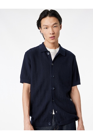 Koton Regular Fit Dokulu Pamuklu Polo Yaka Kısa Kollu Düğmeli Triko Tişört Lacivert 6sam70047ht