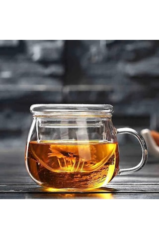 Neevoyu Çay Demleme Fincanı, 300 Ml, Cam, Çıkarılabilir Filtre, Kapağıyla, Ev Ve Ofis Kullanıma Uygun Şeffaf