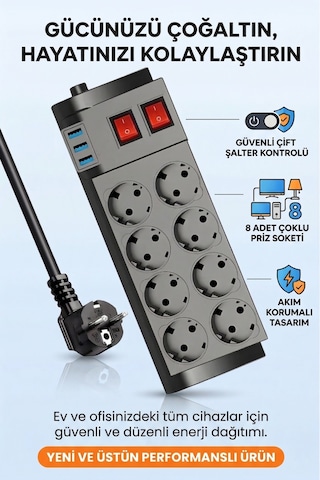 2 Metre Uzatma Kablosu 8 Li Çoklu Priz 3 Usb Girişli, Termal Akım Korumalı, Yüksek Güvenlikli Priz