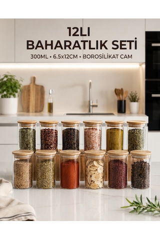 12 Li Cam Baharatlık Seti 300 Ml Bambu Kapaklı Borosilikat Modern Baharat Kavanozu Şeffaf 12 Li Cam Baharatlık Seti 300 Ml Bambu Kapaklı Borosilikat Modern Baharat Kavanozu Şeffaf