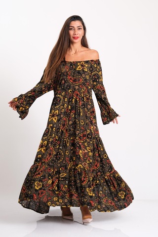 Kadın Haki Carmen Yaka Şal Desen Fırfırlı Kol Etekleri Kat Kat Uzun Elbise - Hakı