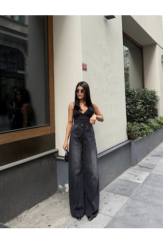 Out Of Standart Kadın Extra Wide Leg Yüksek Bel Geniş Paça Jean Pantolon Siyah