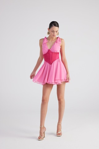 Holly Lolly Çıkarılabilir Korseli Gloplu Mini Şifon Fiona Elbise Pembe