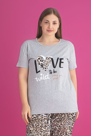 X-dreamy Büyük Beden Pamuklu Leopar Desenli Kısa Kollu Pijama Takımı Leopar