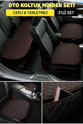 Tay Tüyü Oto Koltuk Minder Seti - Cepli & Terletmez - Siyah Kırmızı