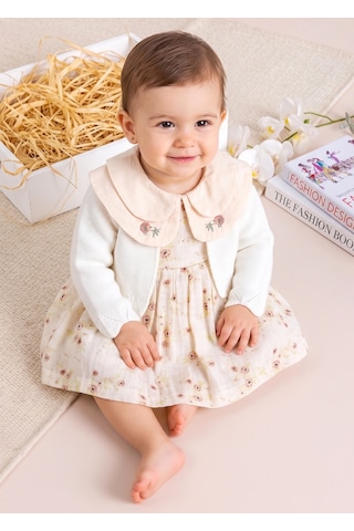 Babymod Bebe Yaka Çiçek Desenli 100% Pamuk Müslin Triko Hırkalı Kız Bebek Elbise Ekru