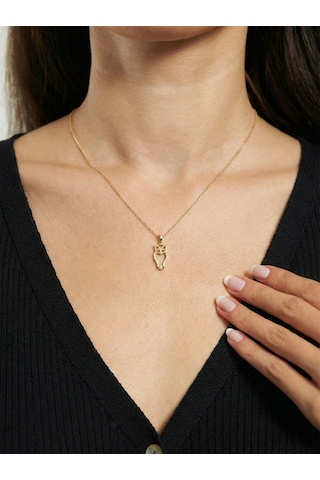 925 Ayar Zirkon Taşlı Gold Minimal Baykuş Gümüş Kolye Rzn10085
