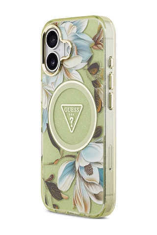 Apple Uyumlu iPhone 17 Kılıf Guess Lisanslı M-safeli Simli Çiçek Desen Metal Kamera Çerçeveli Üçgen Logolu Yeşil Yeşil