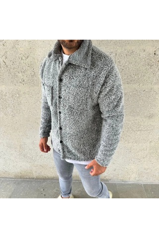 Modi Erkek Pelüş Polar Hırka Gömlek Yakalı, İlik Düğmeli, Göğüs Cepli, Yumuşak Dokulu Kışlık Regular Fit Rahat Günlük Açık Gri