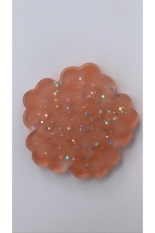 Turuncu Gümüş Glitterli Çiçek Desen Epoksi Bardak Altlığı Turuncu