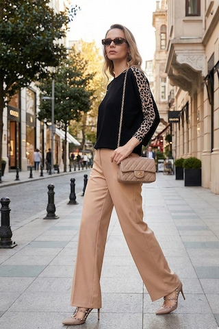 Lela Kolları Leopar Desenli Bisiklet Yaka Bayan Bluz 5863809 Siyah