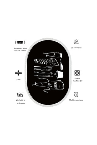 Dijital Kaymaz Yıkanabilir Banyo Mutfak Salon Paspas Halısı Trend Saçaklı Oval Al4032 Siyah