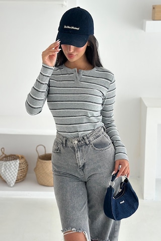 Noa & Noa Kadın Çizgili Düğme Detaylı Bluz Retro Stripe Gri