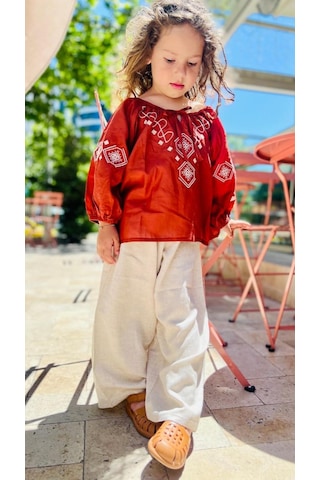 Cigit Kol Ve Ön Nakışlı Keten Pantolon Takım 2-7 Yaş Taba Taba