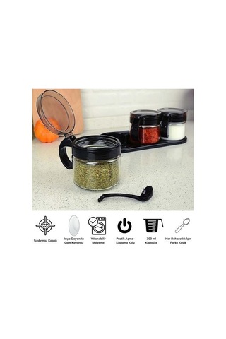 N&m Store Siyah 3lü Standlı Kapaklı Kaşıklı Cam Hava Sızdırmaz Baharatlık Takımı Kc-386 Çok Renkli