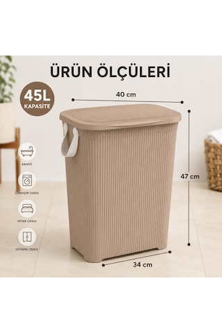 45 L Kapaklı Kirli Çamaşır Sepeti Modern Çizgili Tasarım Taşıma Kulplu Dayanıklı Plastik Banyo, Çamaşır Odası Ve Yatak Odası İçin 40 X 34 X 47 Cm, Antrasit Çok Renkli