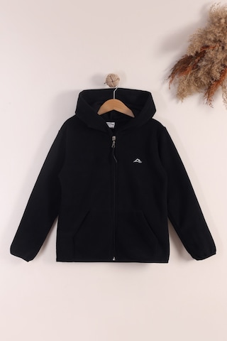 Monox Lastik Manşetli Fermuarlı Kapüşonlu Çocuk Unisex Polar Ceket Siyah