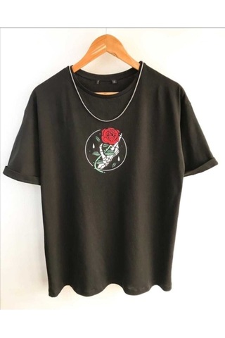 Noıssey Wed Unisex Güllü Kuru Kafa Baskılı Oversize Penye T-shirt Tişört Siyah