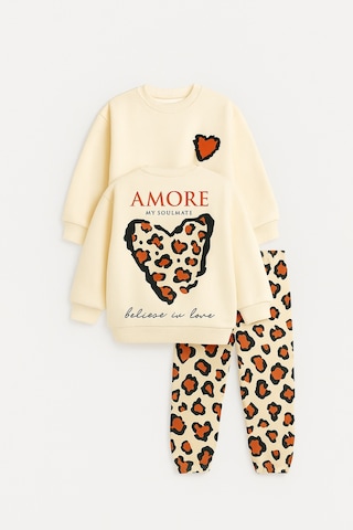 Kız Çocuk Siyah 3 İplik Şardonlu Takım Yıldız Desenli Sweatshirt & Rahat Eşofman Altı Ekru