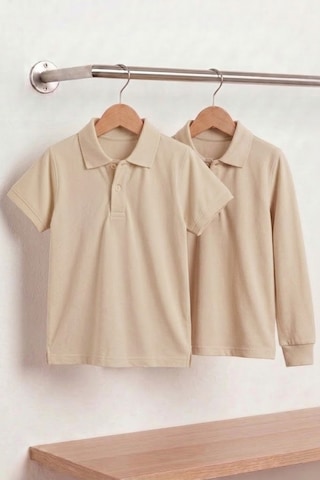 Nacar Store Unisex Çocuk Uzun Ve Kısa Kollu Polo Yaka Okul Tişörtü 2'li Set Bej